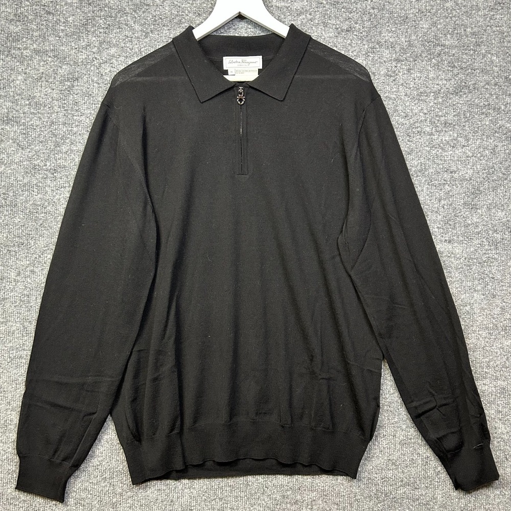 Salvatore Ferragamo 1/4 Zip Polo Sweater Men's Black Virgin Wool Italian Made XL